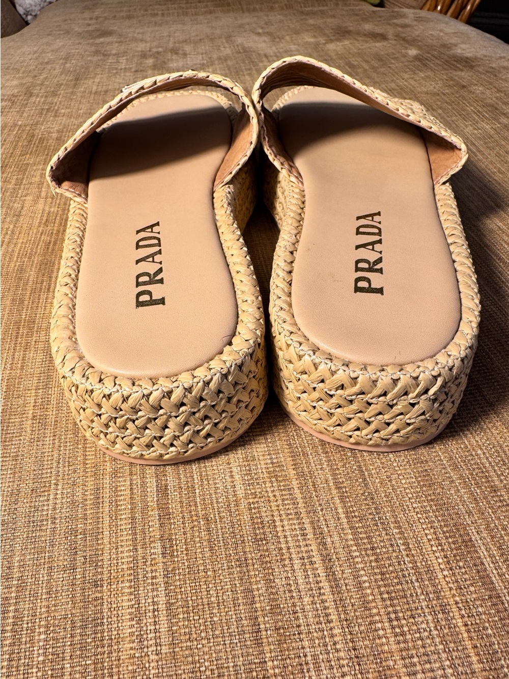 Prada Raffia Tan Platform Slides - Picture 6 of 7